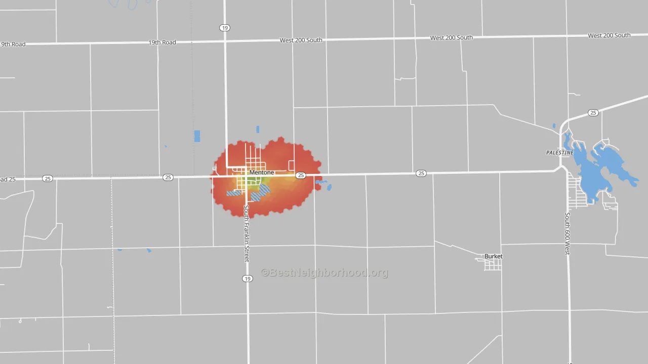 Walk Grade map of 46539, IN, walkable areas in green and car-dependent areas in red