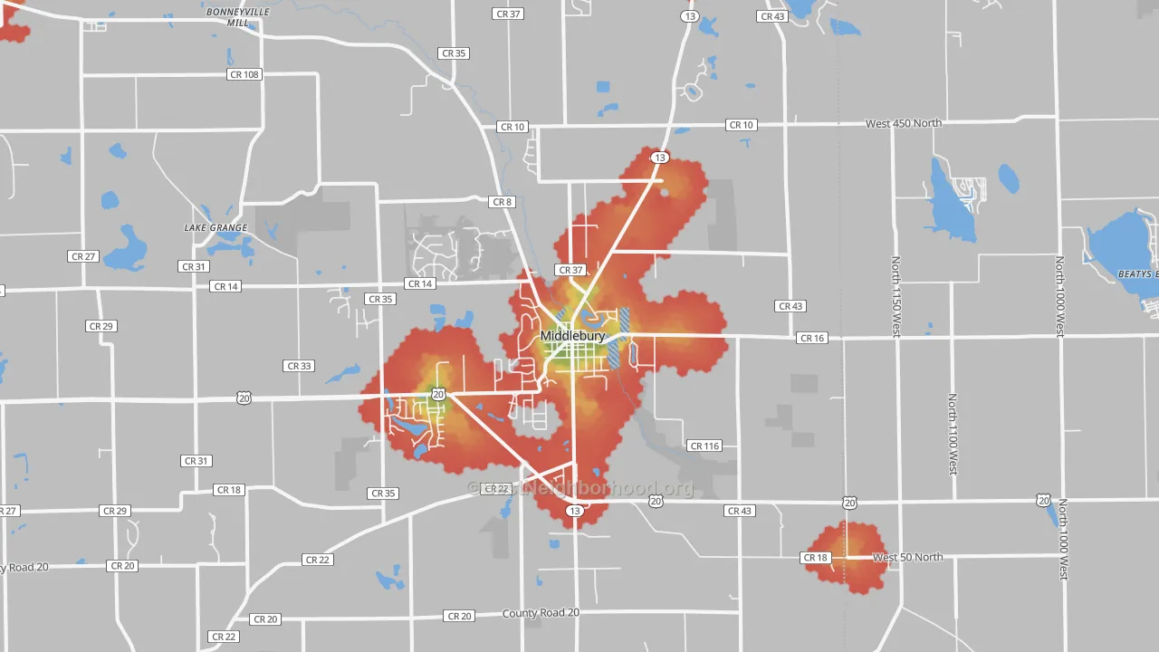 Walk Grade map of 46540, IN, walkable areas in green and car-dependent areas in red