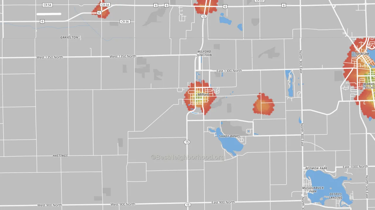 Walk Grade map of 46542, IN, walkable areas in green and car-dependent areas in red