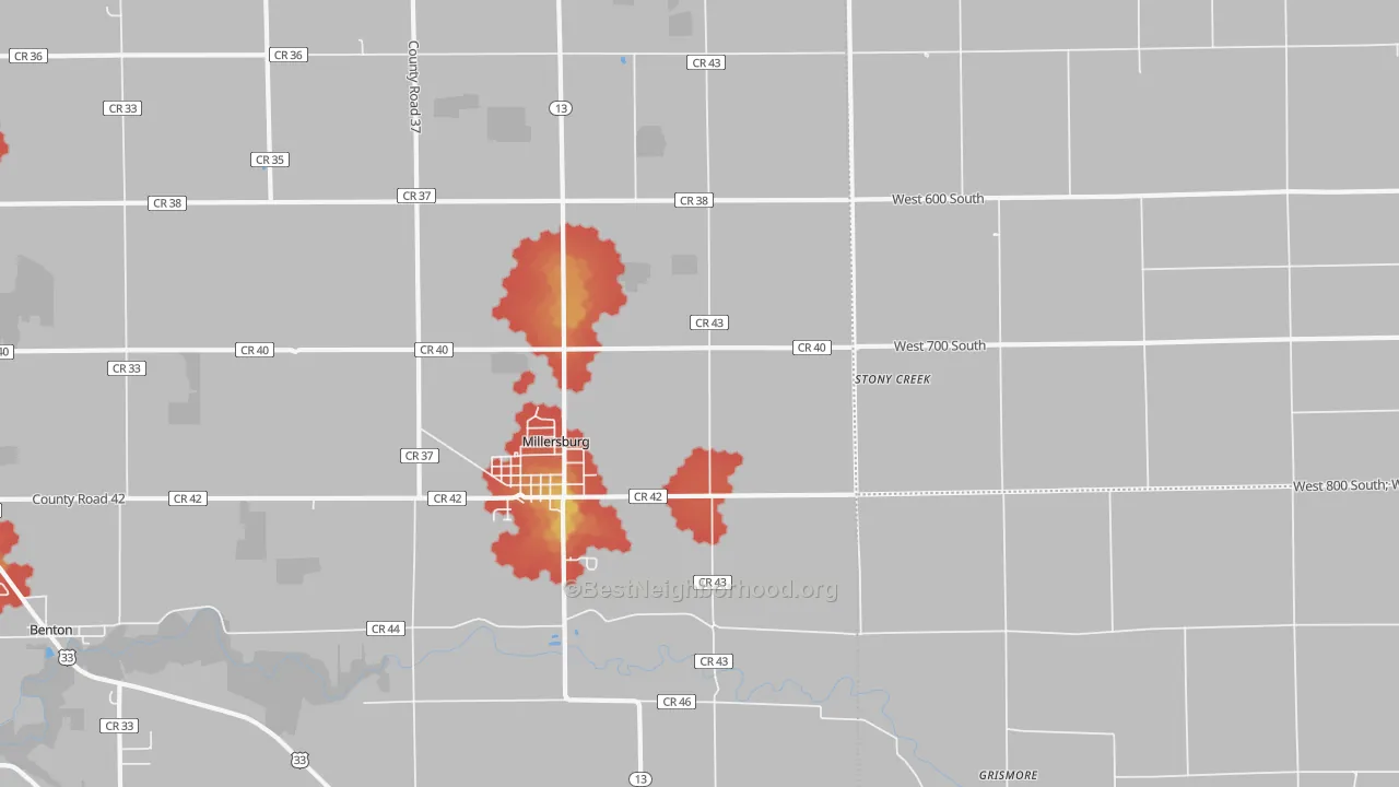 Walk Grade map of 46543, IN, walkable areas in green and car-dependent areas in red