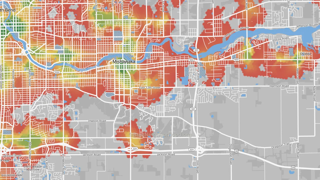 Walk Grade map of 46544, IN, walkable areas in green and car-dependent areas in red