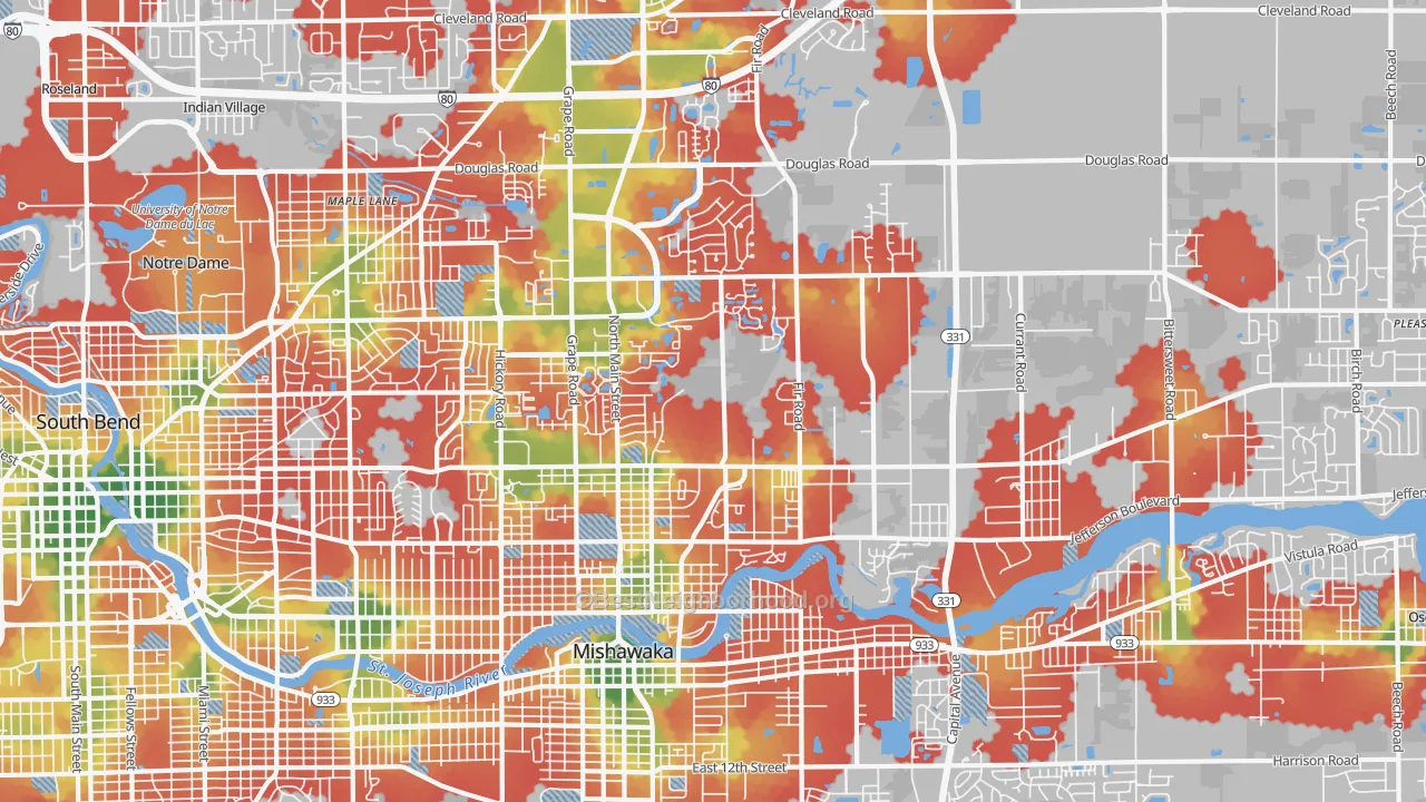 Walk Grade map of 46545, IN, walkable areas in green and car-dependent areas in red