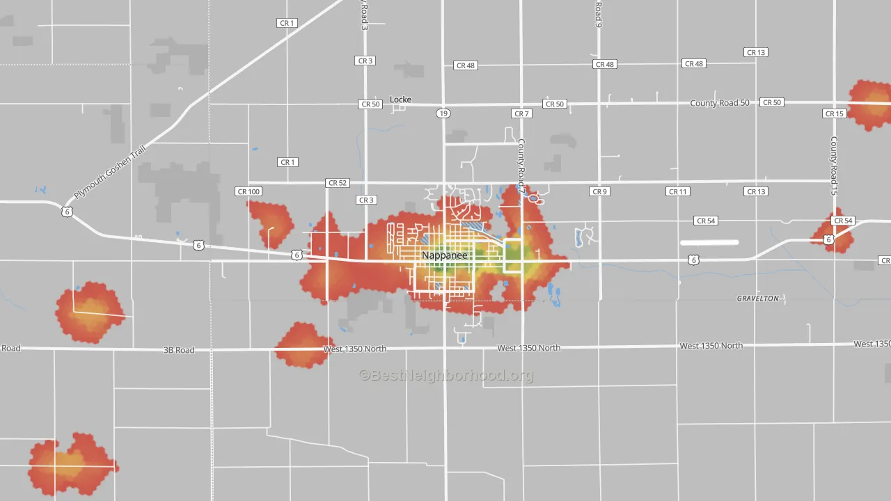 Walk Grade map of 46550, IN, walkable areas in green and car-dependent areas in red