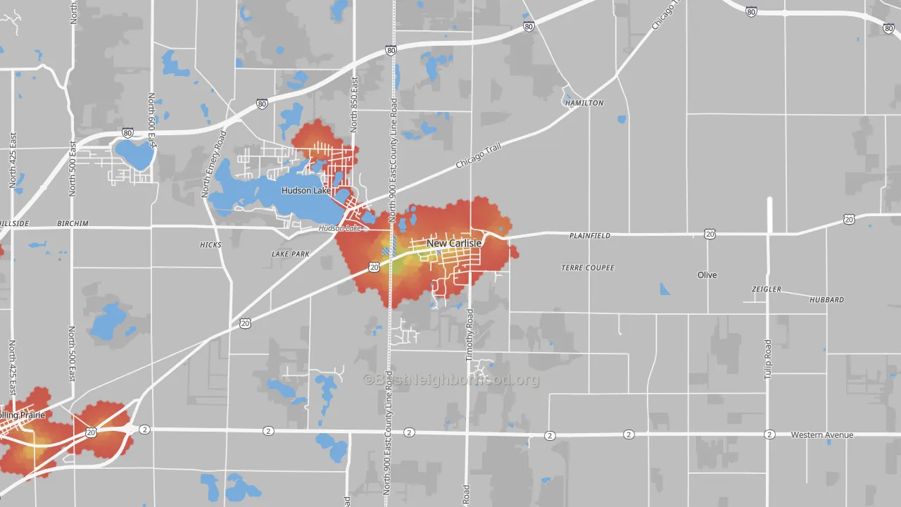 Walk Grade map of 46552, IN, walkable areas in green and car-dependent areas in red