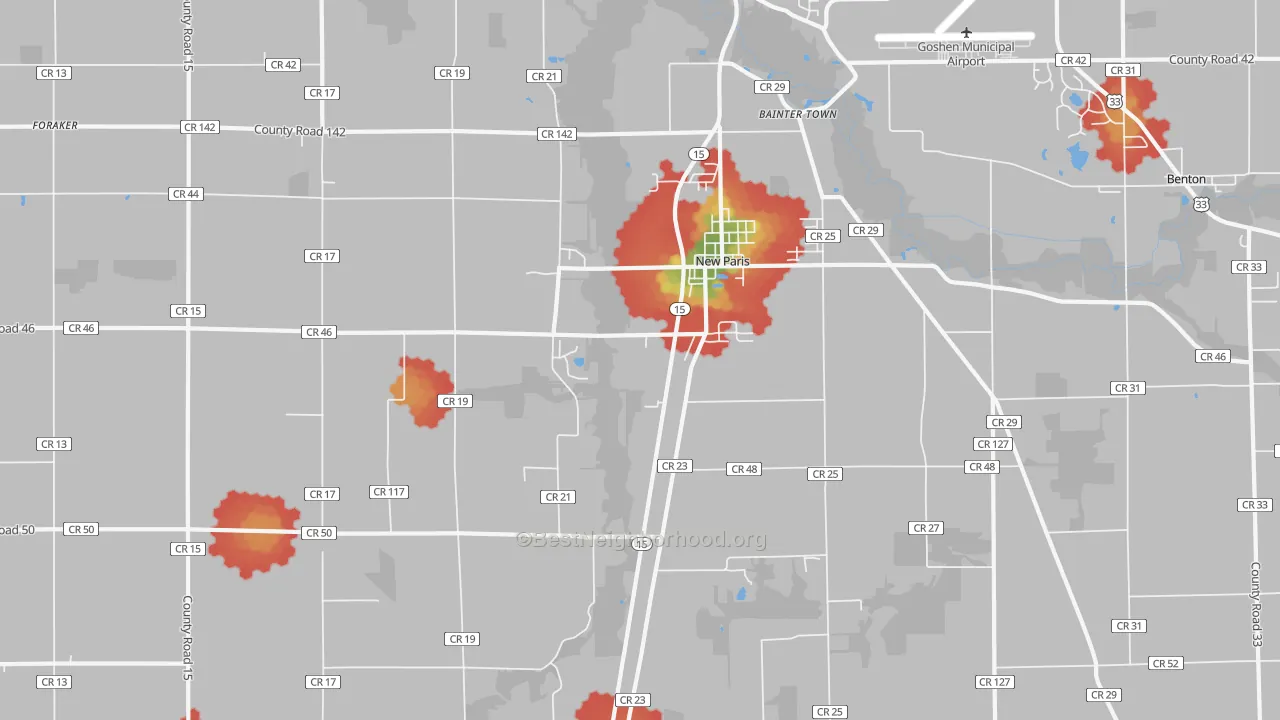 Walk Grade map of 46553, IN, walkable areas in green and car-dependent areas in red