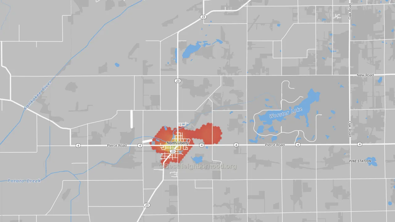 Walk Grade map of 46554, IN, walkable areas in green and car-dependent areas in red