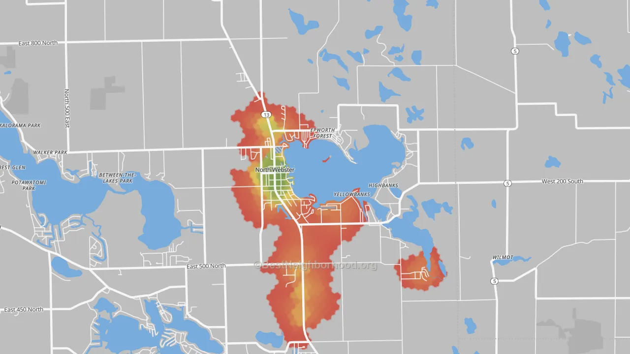 Walk Grade map of 46555, IN, walkable areas in green and car-dependent areas in red