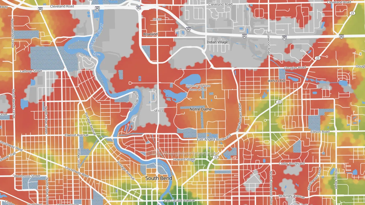 Walk Grade map of 46556, IN, walkable areas in green and car-dependent areas in red