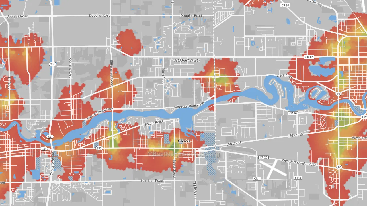 Walk Grade map of 46561, IN, walkable areas in green and car-dependent areas in red