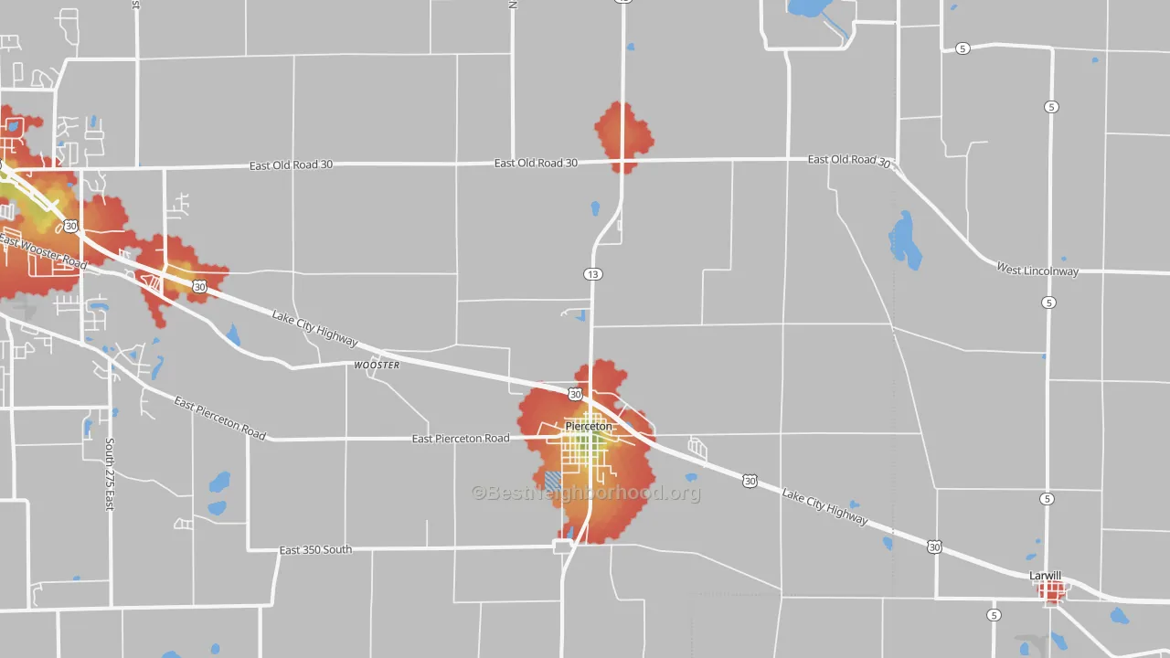 Walk Grade map of 46562, IN, walkable areas in green and car-dependent areas in red