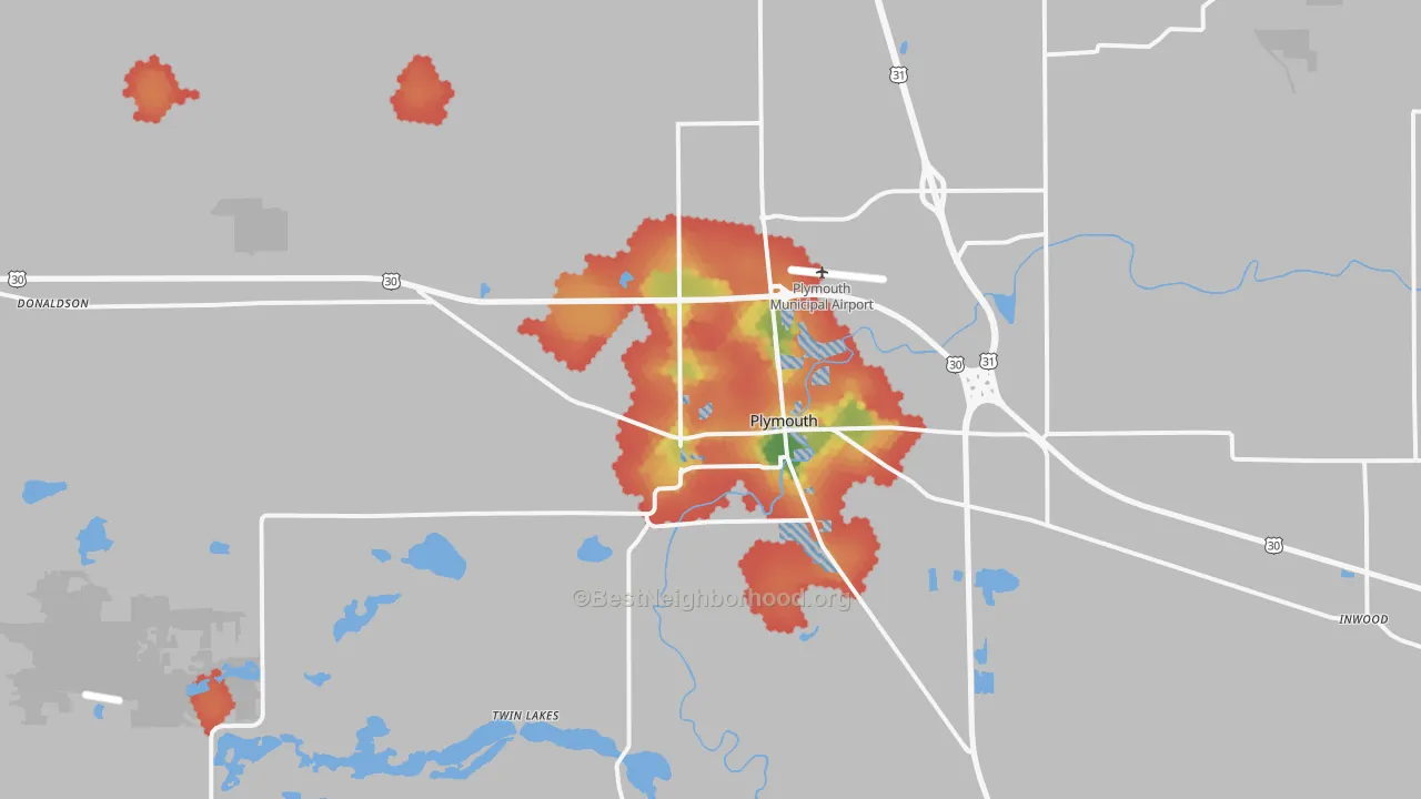 Walk Grade map of 46563, IN, walkable areas in green and car-dependent areas in red