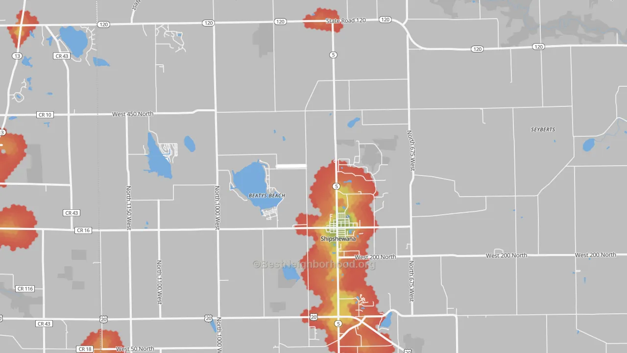 Walk Grade map of 46565, IN, walkable areas in green and car-dependent areas in red