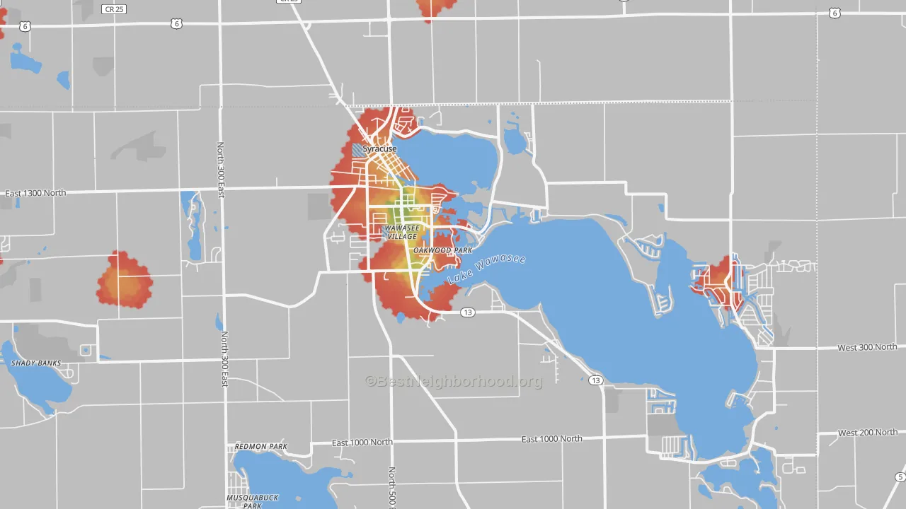 Walk Grade map of 46567, IN, walkable areas in green and car-dependent areas in red