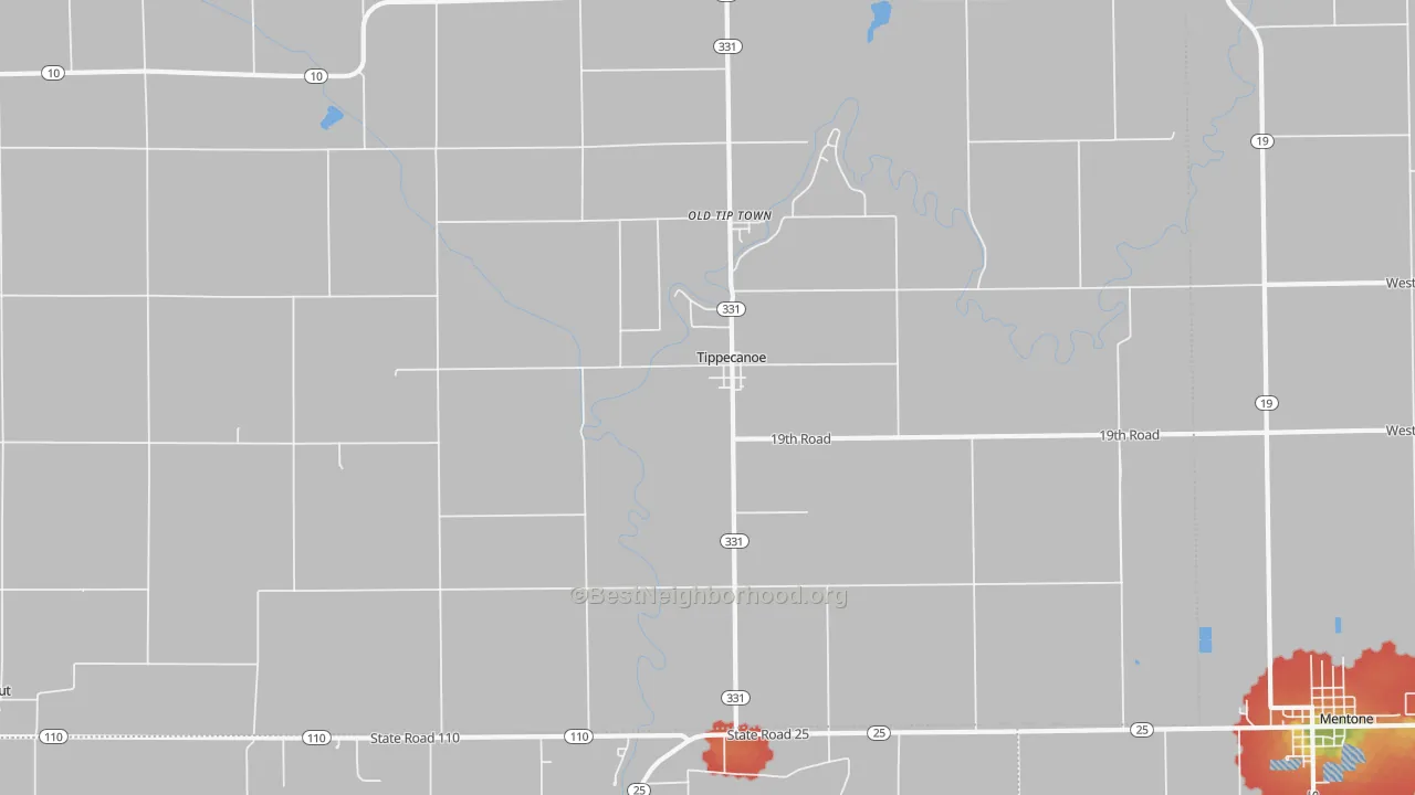 Walk Grade map of 46570, IN, walkable areas in green and car-dependent areas in red