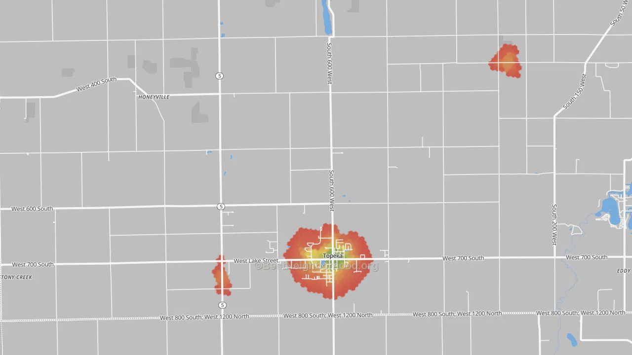 Walk Grade map of 46571, IN, walkable areas in green and car-dependent areas in red