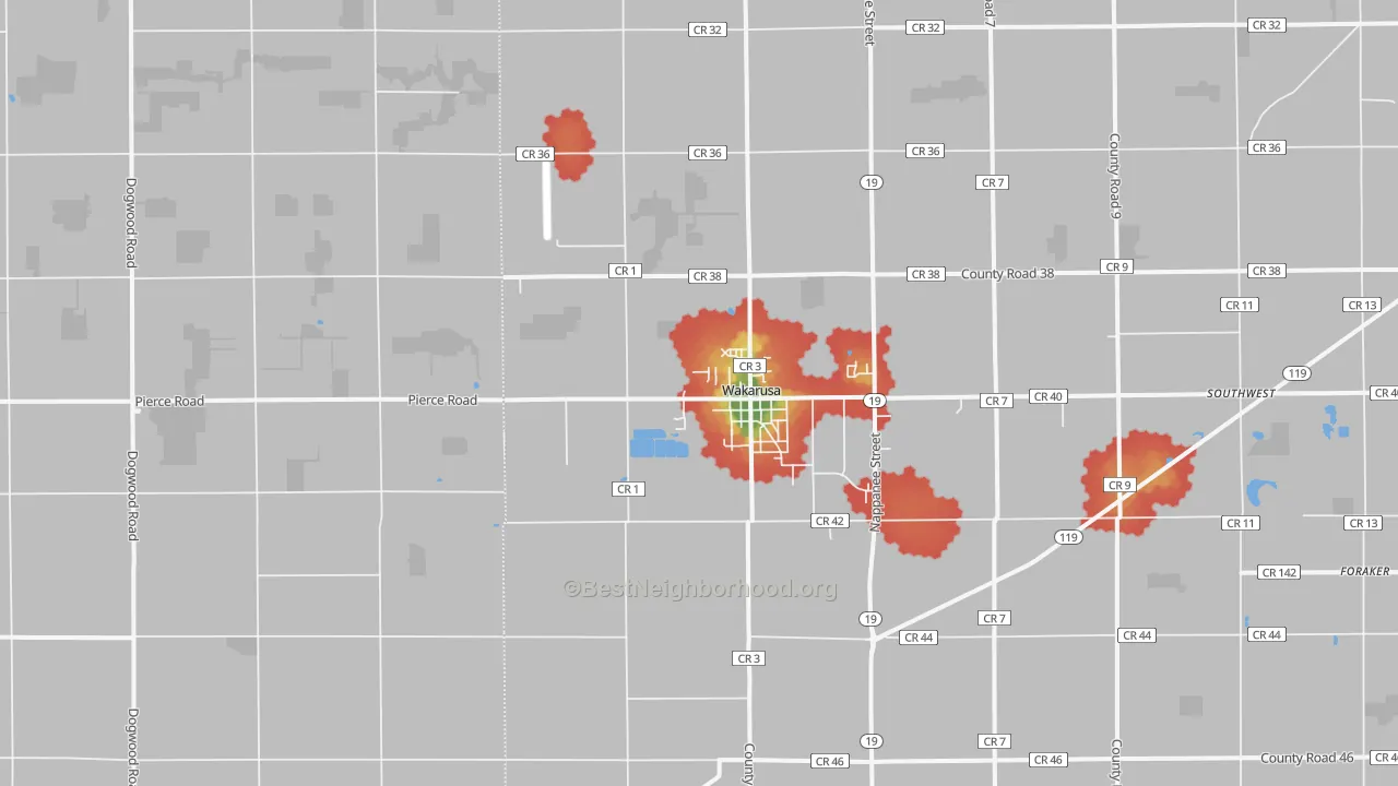 Walk Grade map of 46573, IN, walkable areas in green and car-dependent areas in red