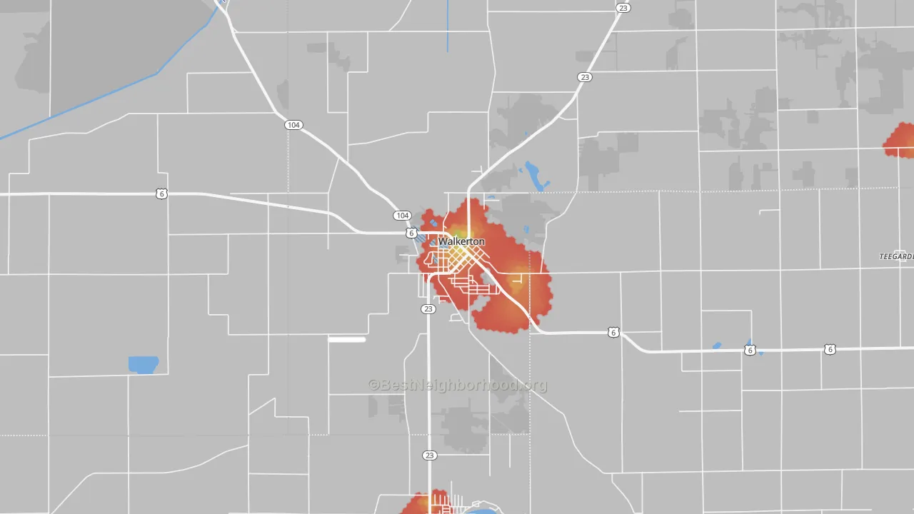 Walk Grade map of 46574, IN, walkable areas in green and car-dependent areas in red