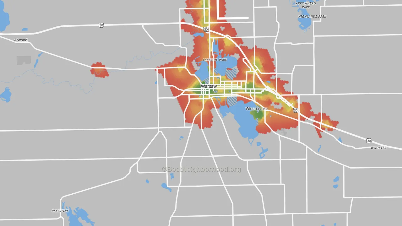 Walk Grade map of 46580, IN, walkable areas in green and car-dependent areas in red