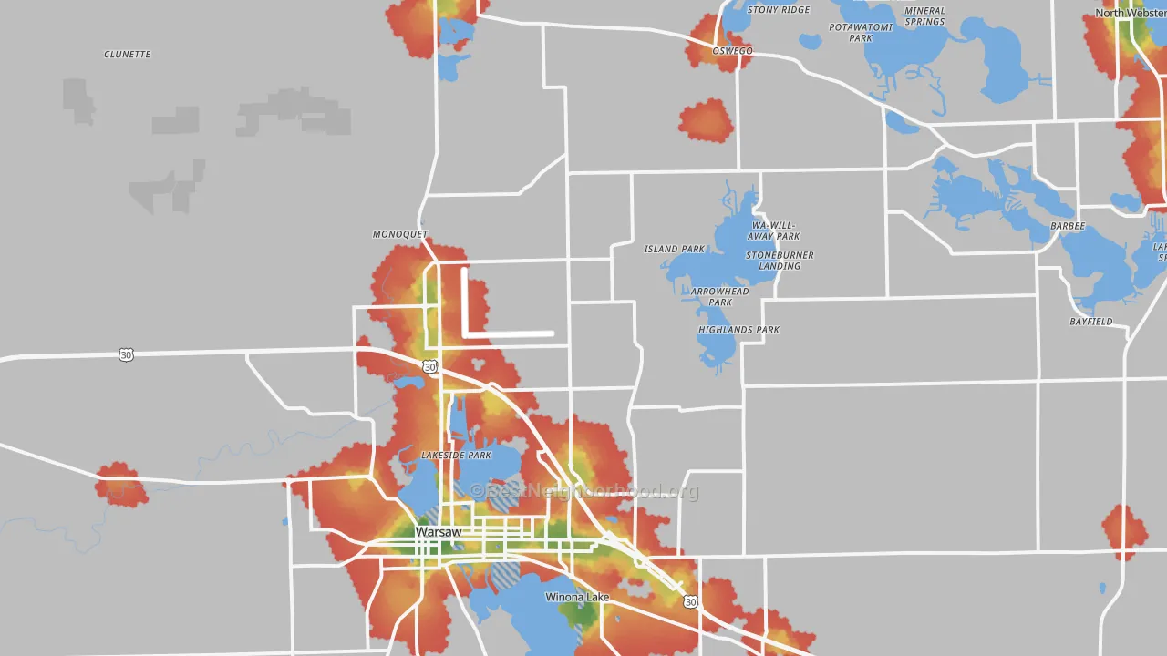 Walk Grade map of 46582, IN, walkable areas in green and car-dependent areas in red