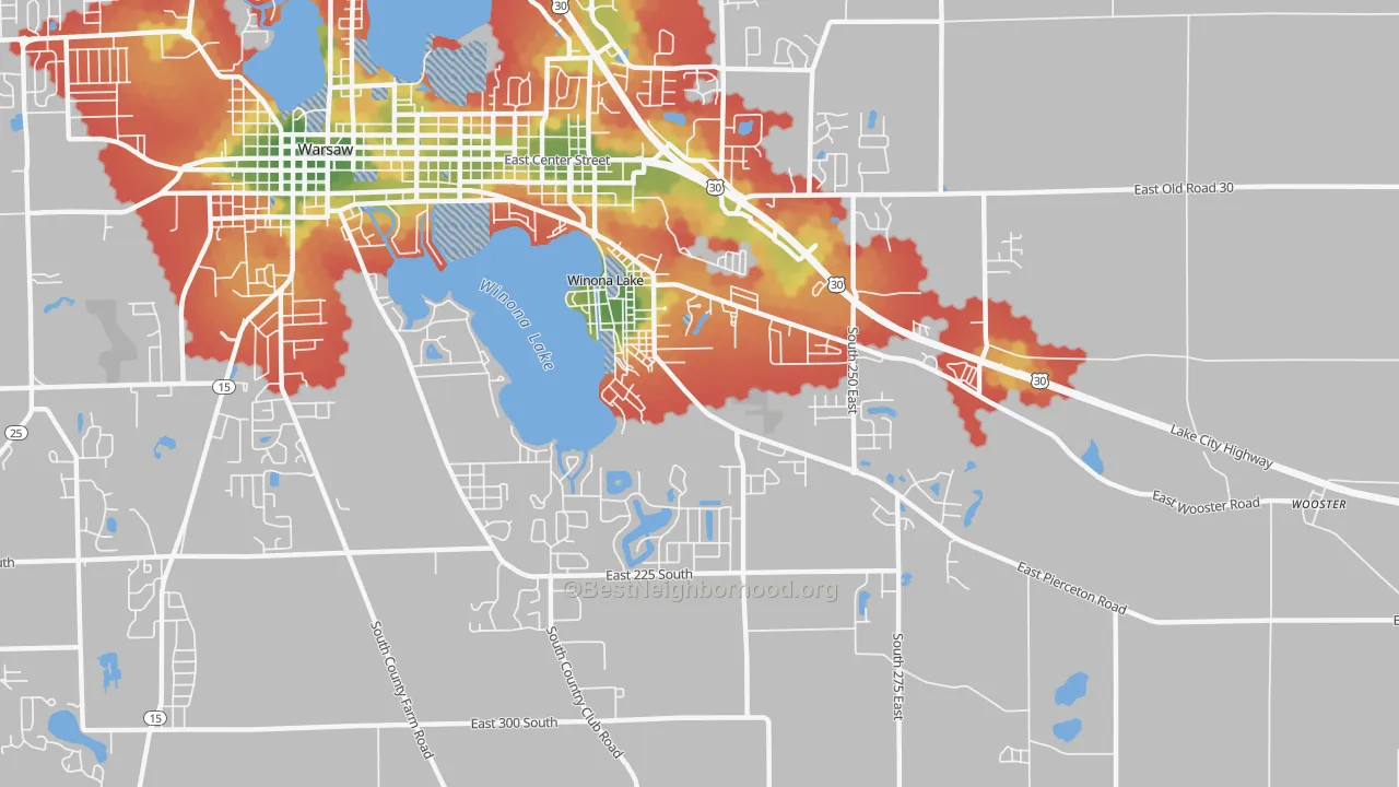 Walk Grade map of 46590, IN, walkable areas in green and car-dependent areas in red