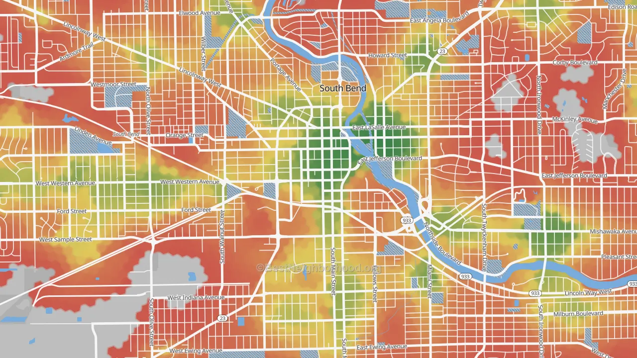 Walk Grade map of 46601, IN, walkable areas in green and car-dependent areas in red