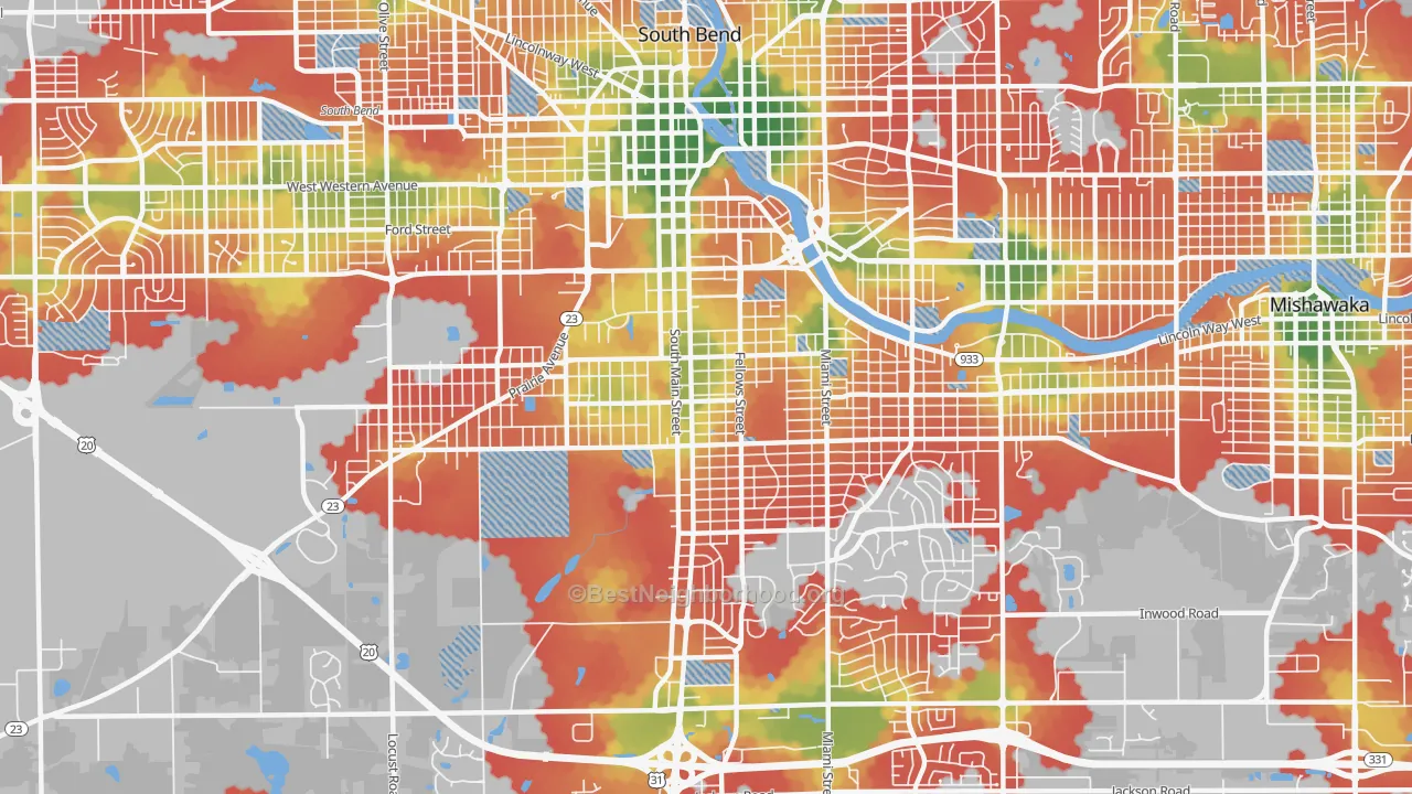 Walk Grade map of 46613, IN, walkable areas in green and car-dependent areas in red