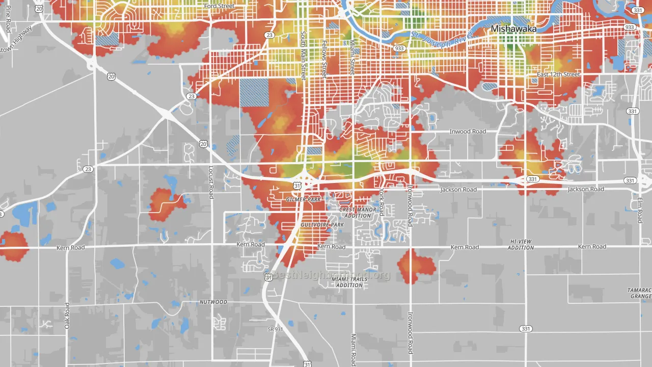 Walk Grade map of 46614, IN, walkable areas in green and car-dependent areas in red