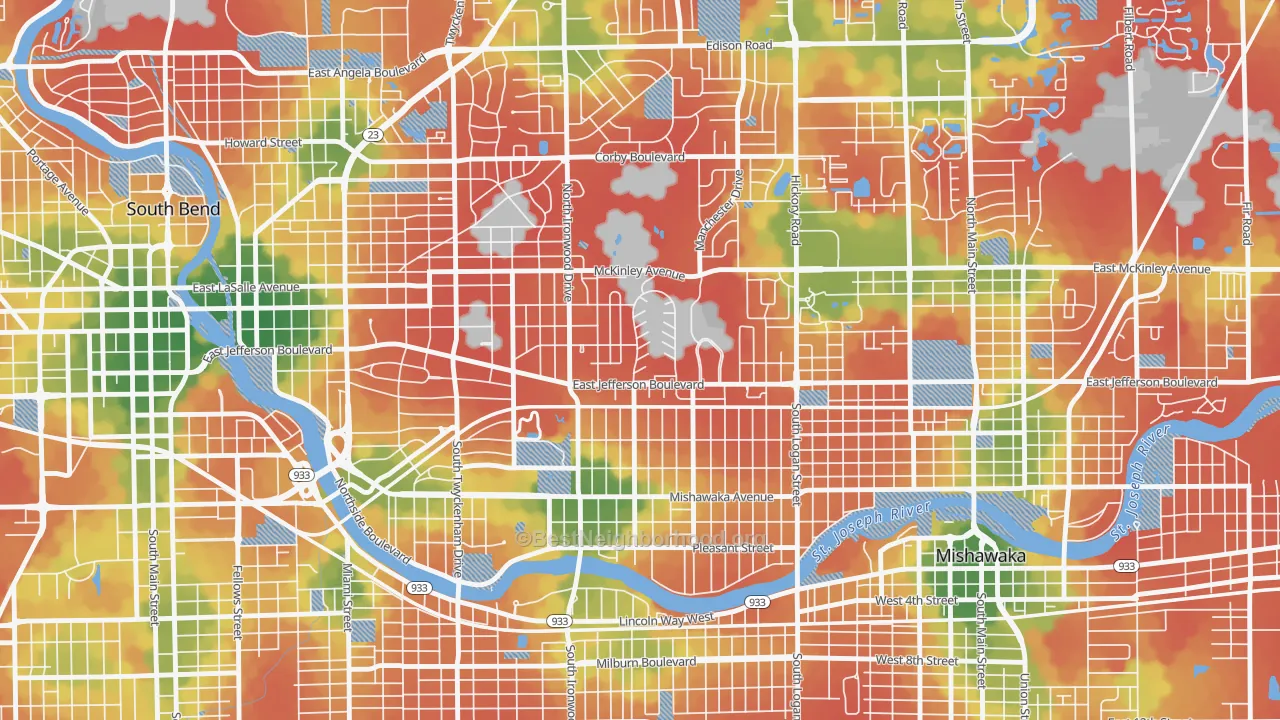 Walk Grade map of 46615, IN, walkable areas in green and car-dependent areas in red