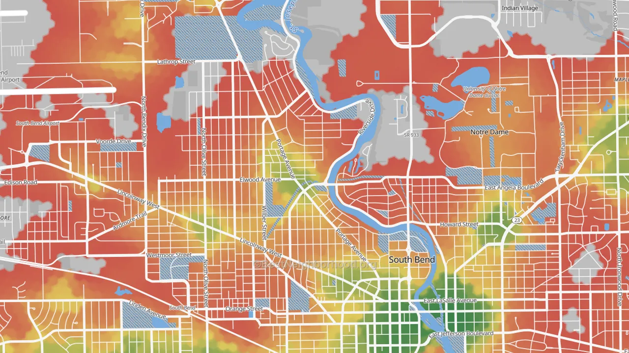 Walk Grade map of 46616, IN, walkable areas in green and car-dependent areas in red