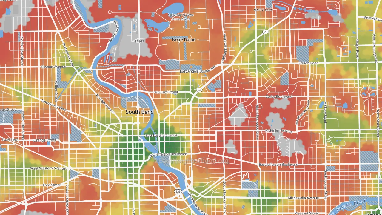 Walk Grade map of 46617, IN, walkable areas in green and car-dependent areas in red