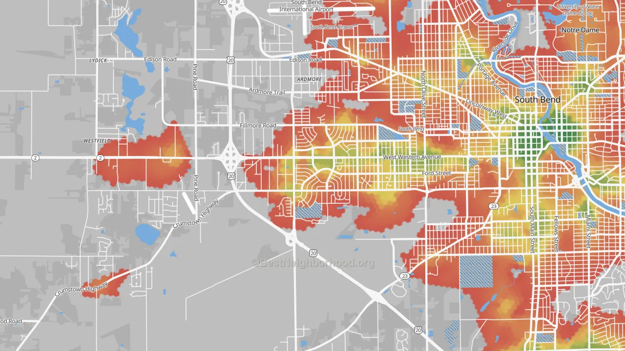 Walk Grade map of 46619, IN, walkable areas in green and car-dependent areas in red