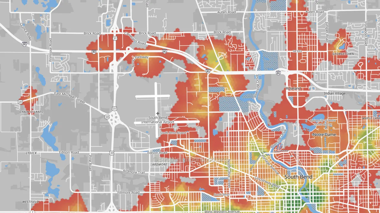 Walk Grade map of 46628, IN, walkable areas in green and car-dependent areas in red