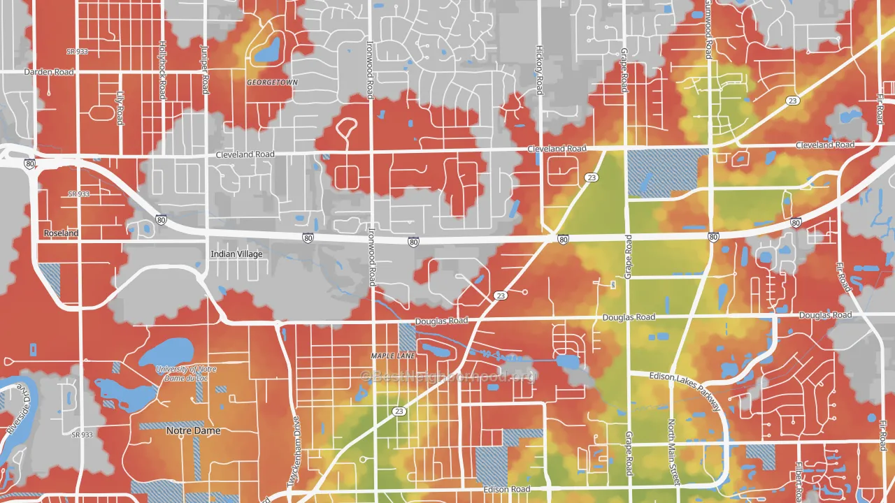 Walk Grade map of 46635, IN, walkable areas in green and car-dependent areas in red