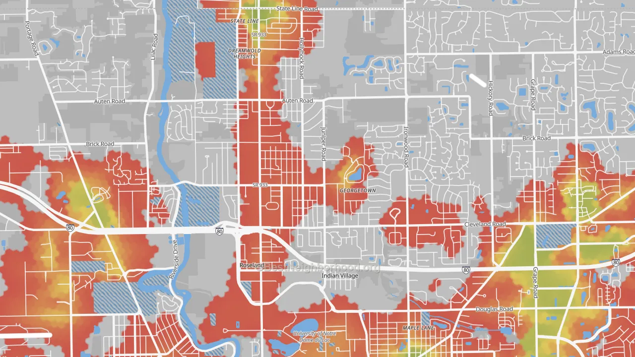 Walk Grade map of 46637, IN, walkable areas in green and car-dependent areas in red