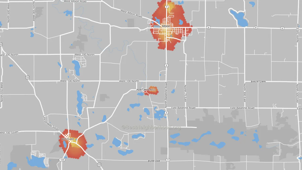 Walk Grade map of 46701, IN, walkable areas in green and car-dependent areas in red