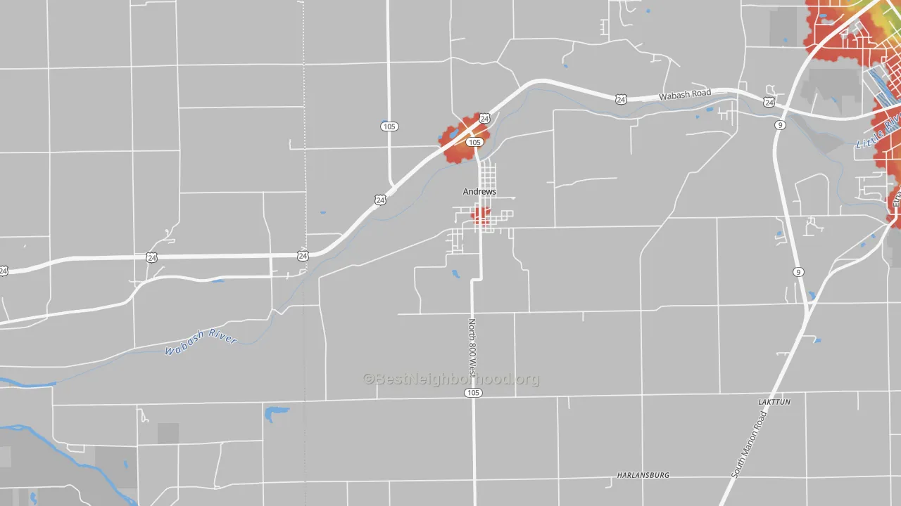 Walk Grade map of 46702, IN, walkable areas in green and car-dependent areas in red