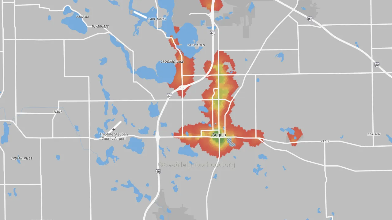 Walk Grade map of 46703, IN, walkable areas in green and car-dependent areas in red