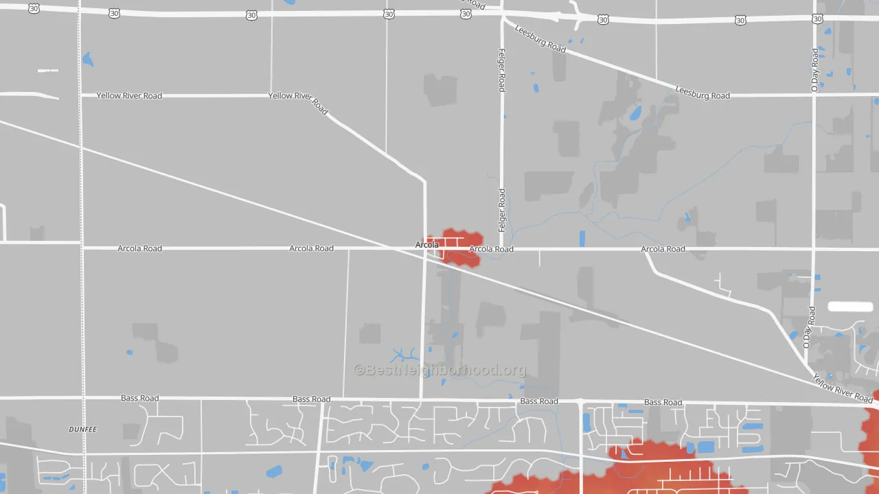 Walk Grade map of 46704, IN, walkable areas in green and car-dependent areas in red