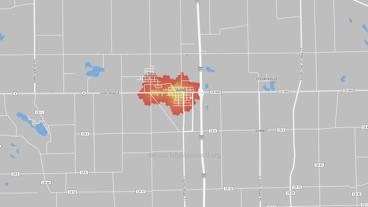 Walk Grade map of 46705, IN, walkable areas in green and car-dependent areas in red