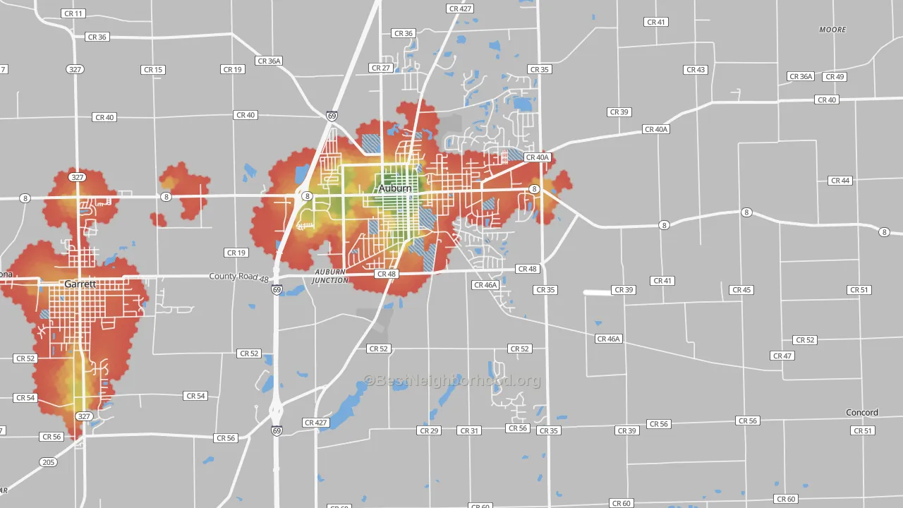 Walk Grade map of 46706, IN, walkable areas in green and car-dependent areas in red