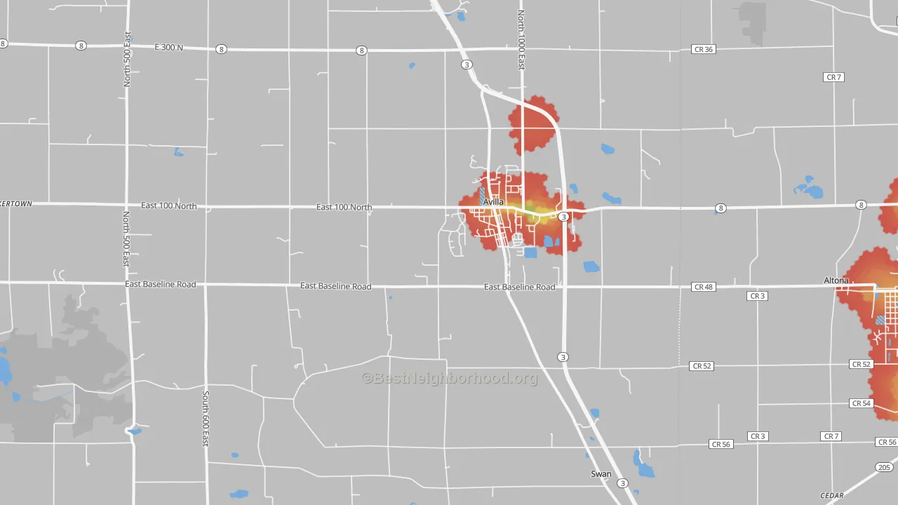 Walk Grade map of 46710, IN, walkable areas in green and car-dependent areas in red