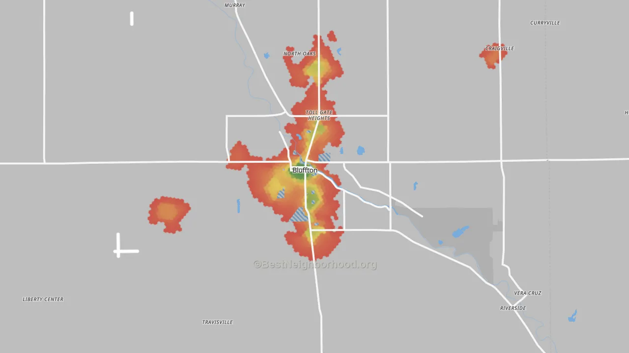 Walk Grade map of 46714, IN, walkable areas in green and car-dependent areas in red