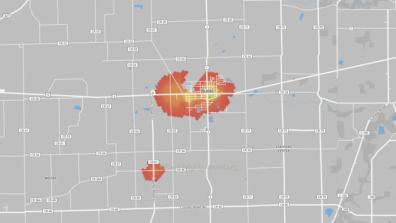 Walk Grade map of 46721, IN, walkable areas in green and car-dependent areas in red