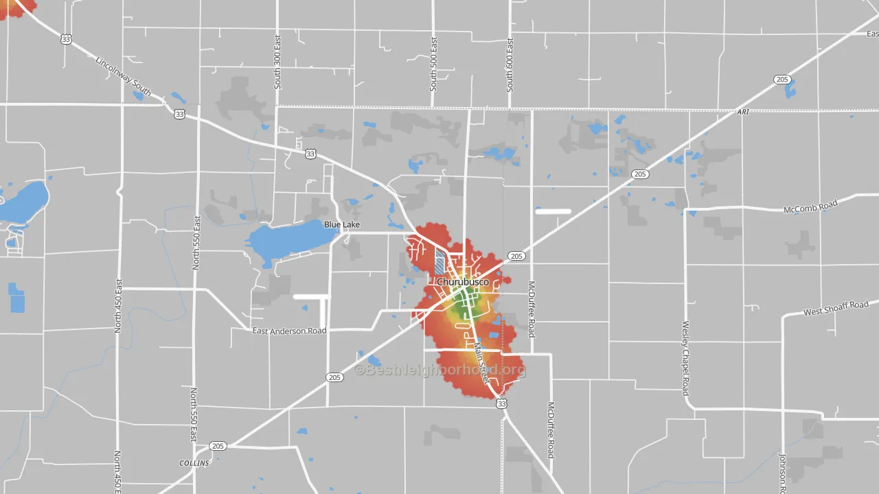Walk Grade map of 46723, IN, walkable areas in green and car-dependent areas in red