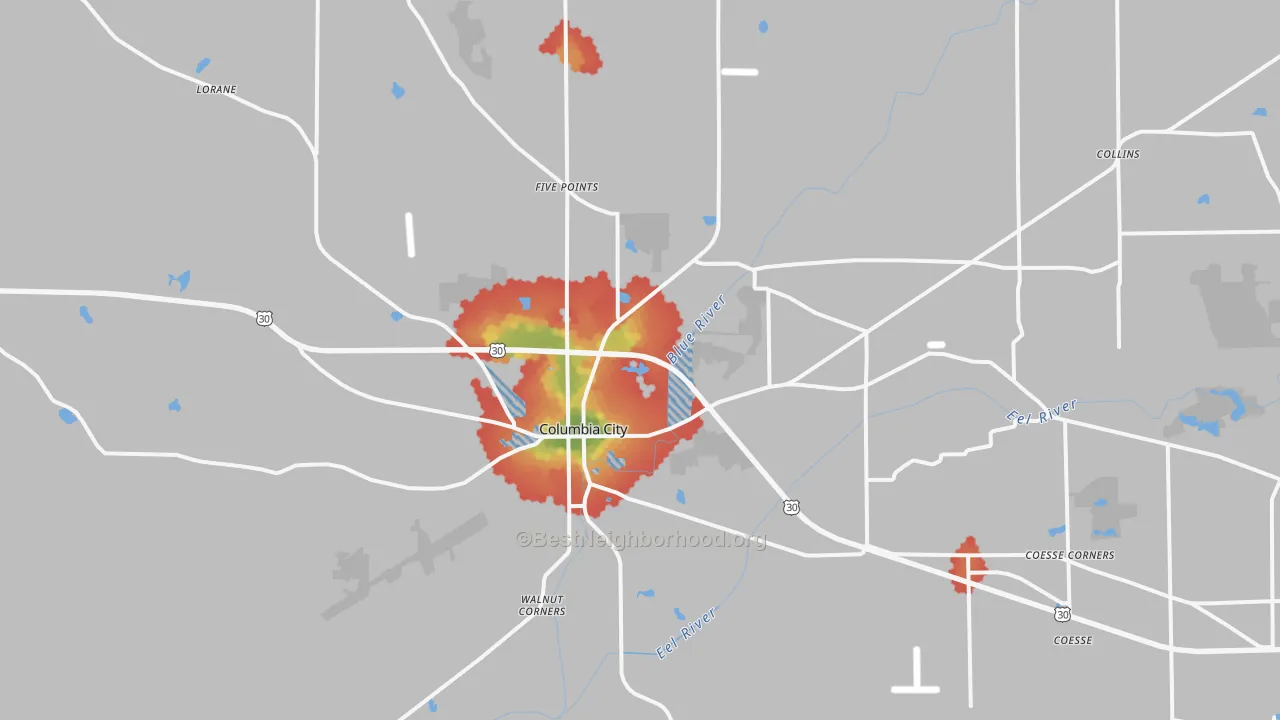 Walk Grade map of 46725, IN, walkable areas in green and car-dependent areas in red