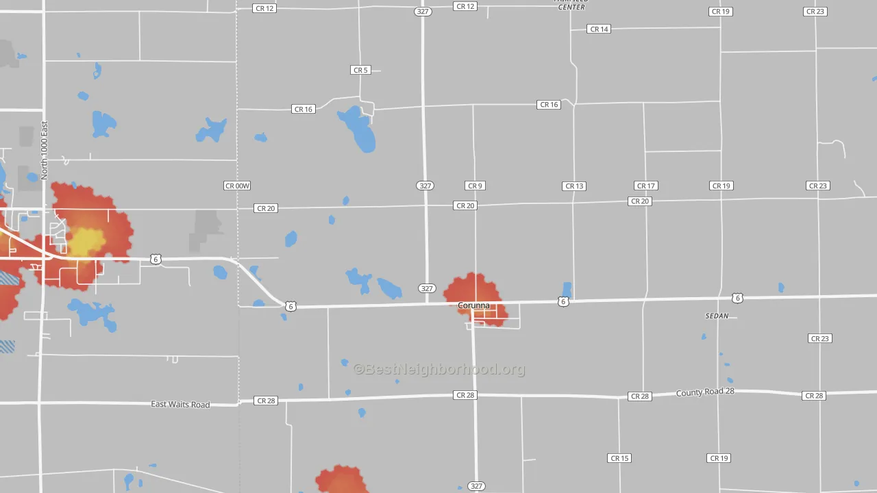 Walk Grade map of 46730, IN, walkable areas in green and car-dependent areas in red