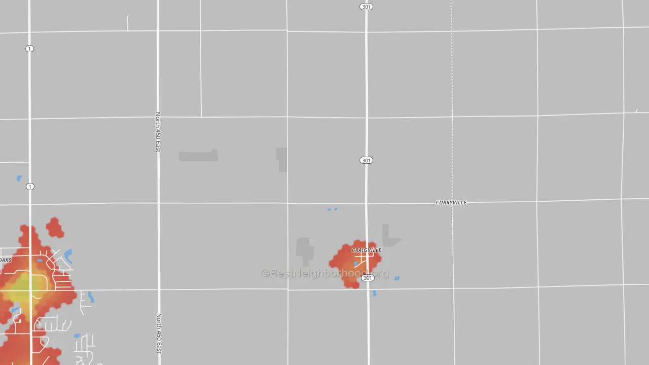 Walk Grade map of 46731, IN, walkable areas in green and car-dependent areas in red