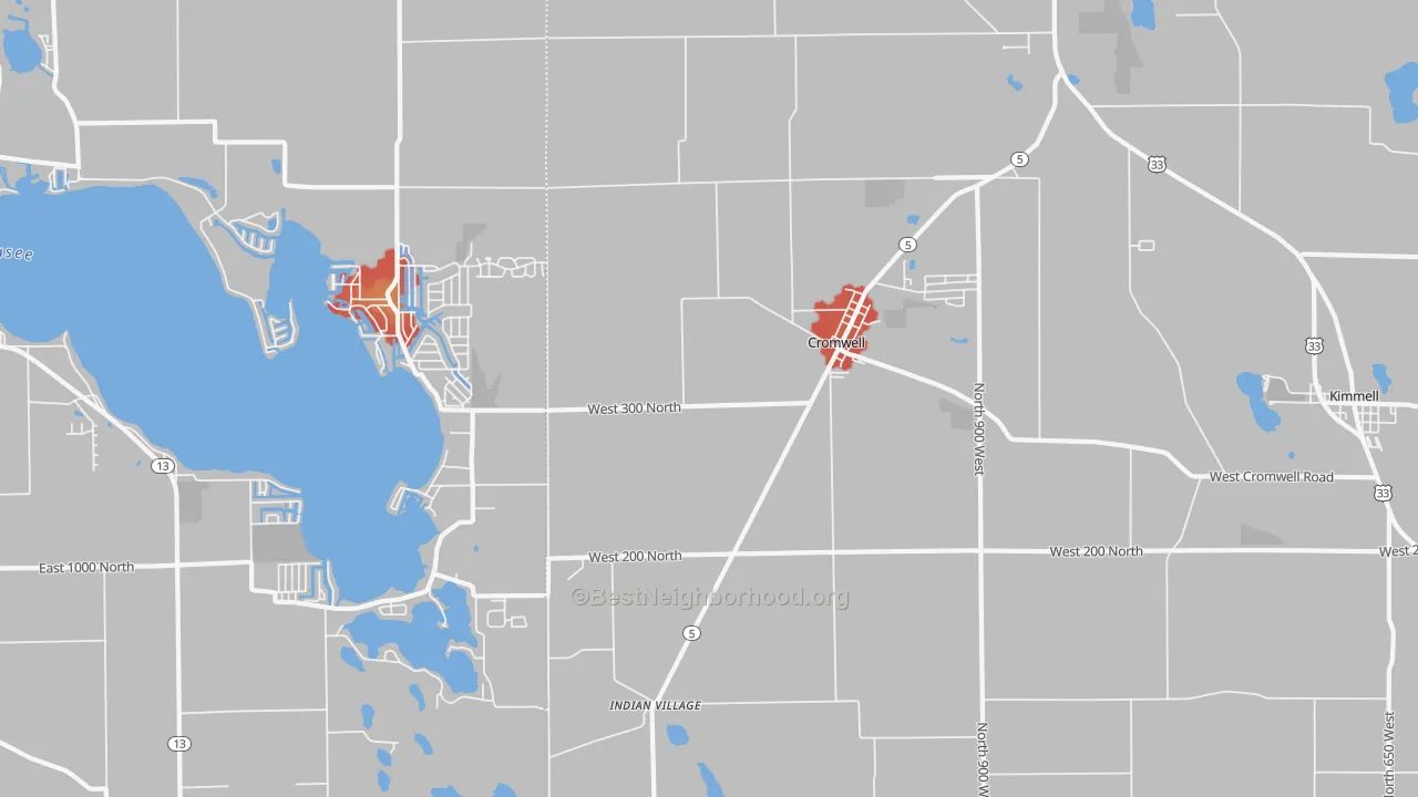 Walk Grade map of 46732, IN, walkable areas in green and car-dependent areas in red