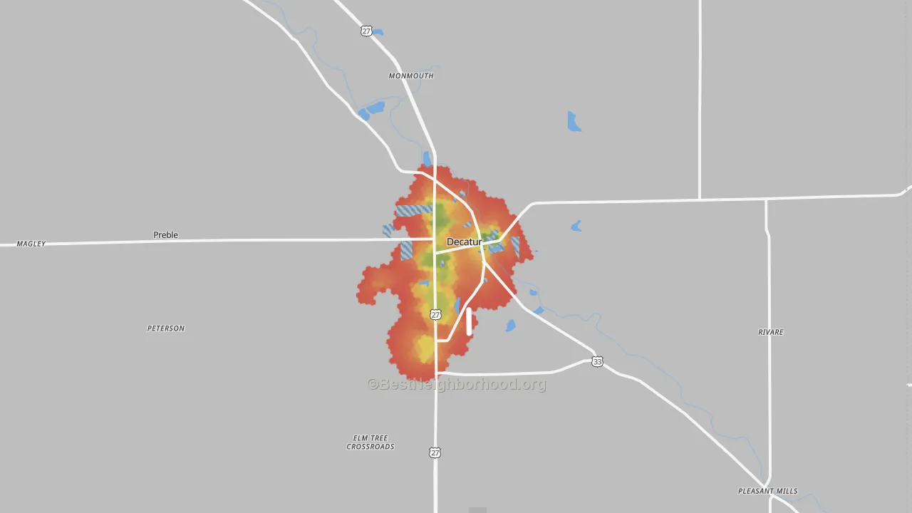 Walk Grade map of 46733, IN, walkable areas in green and car-dependent areas in red