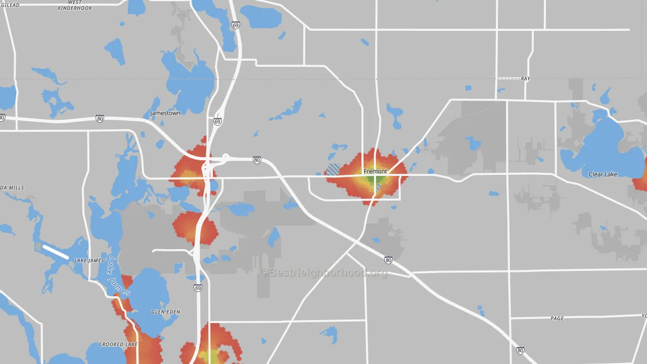 Walk Grade map of 46737, IN, walkable areas in green and car-dependent areas in red